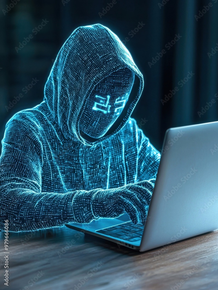 Poster a mysterious figure in a digital hoodie, engaging with a laptop, symbolizing cyber security and hack