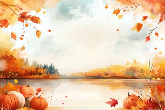 an autumn scene with pumpkins and leaves