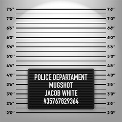 Mugshot template. Police department lineup mugshot board. Stand for criminals photo. Criminal height wall. Vector illustration.