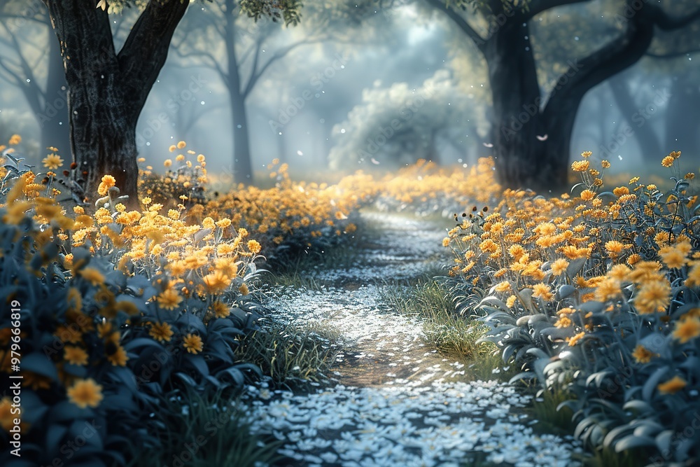 Poster a path through a field of yellow flowers with a few trees in the background