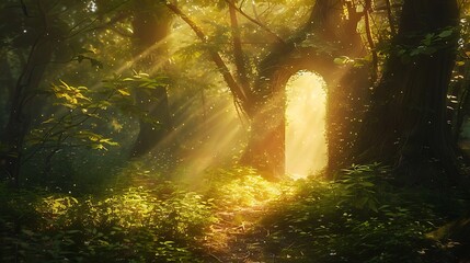 A hidden door equipped bush in a lovely forest filled by shimmering light