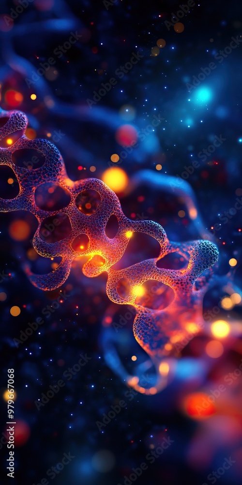 Poster an abstract representation of colorful energy with glowing particles on a cosmic background, suggest