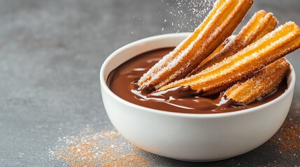 Delicious churros dipped in rich chocolate sauce, sprinkled with sugar, perfect for dessert lovers and food enthusiasts.