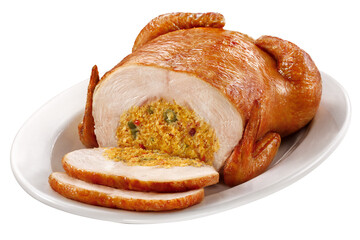 prato com frango assado recheado com receita brasileira de farofa isolado em fundo transparente