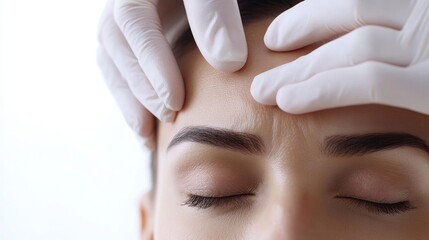 Naklejka premium A close-up of a woman's forehead as a gloved hand gently injects botulinum toxin. The woman remains calm and still, with a clean white studio background.