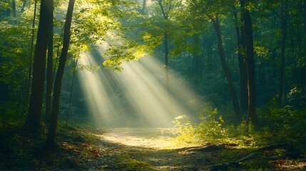 Fototapeta premium A sunlit path winds through a dense forest, with rays of light piercing through the leaves and creating a mystical atmosphere.