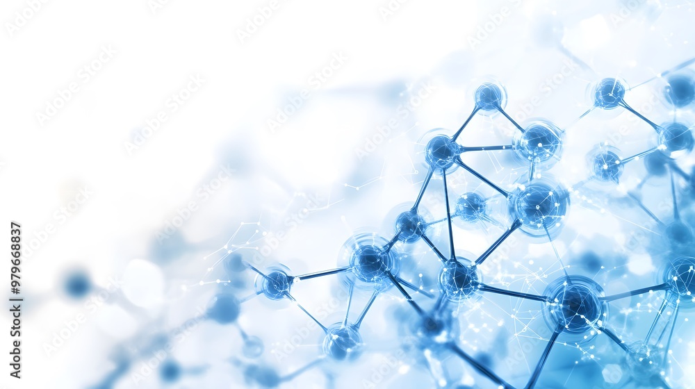 Poster abstract 3d rendering of connected blue spheres with white lines and blurred background