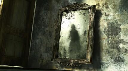 An eerie mirror reflects a shadowy figure, set against a worn, textured wall, invoking a sense of mystery and intrigue.