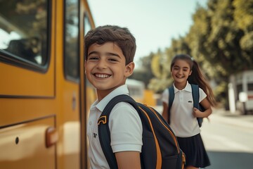 Cheerful children wearing backpacks boarding a bright yellow school bus on a sunny day.