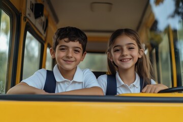 Happy children in school uniforms smiling and sitting together on a yellow bus during their school commute.