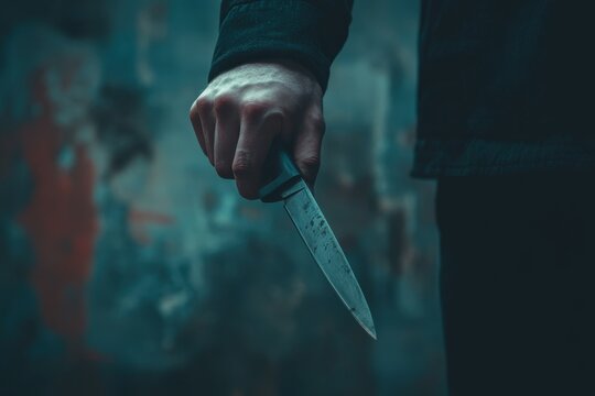 Holding Knife. Man's Hand with Sharp Knife on Abstract Background Symbolizing Violence
