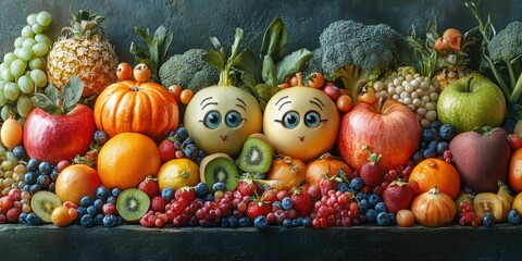 An imaginative city where animated fruits and vegetables make every street corner a whimsical experience