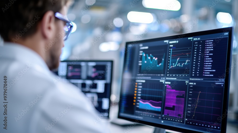 Poster data analyst monitoring complex graphs on multiple screens in a modern office, highlighting technolo