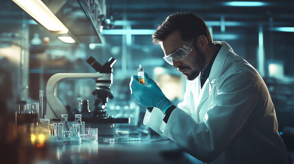 Fototapeta premium A scientist in a lab coat holding a vial of experimental drug, with a microscope and scientific equipment in the background
