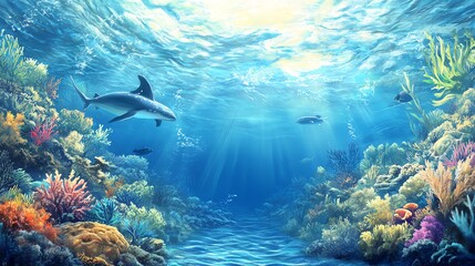 Obraz premium Breathtaking underwater scene showcasing vibrant coral reefs and a majestic shark swimming gracefully in clear blue waters.