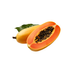 Fresh papaya fruit, one whole and one sliced, showcasing their vibrant colors and black seeds. Perfect for food blogs or health articles