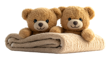 two teddy bears on a blanket. 