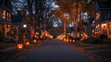 Obraz premium Charming Halloween street adorned with festive lanterns and glowing pumpkins, creating a magical autumn evening atmosphere.