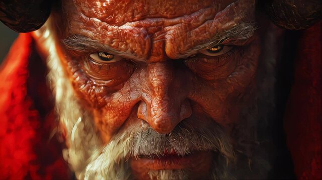 A close-up of an intense devilish figure with weathered skin and fiery eyes, exuding power and mystery