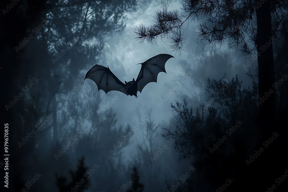 Poster a bat flying through a misty forest at twilight, creating a mysterious atmosphere.