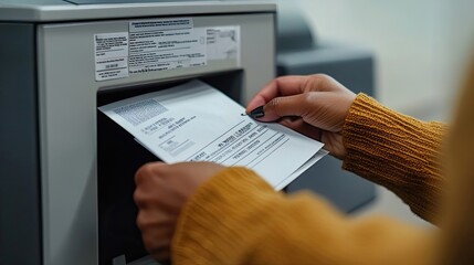 Naklejka premium A Person's Hand Inserting a Paper Document into a Machine