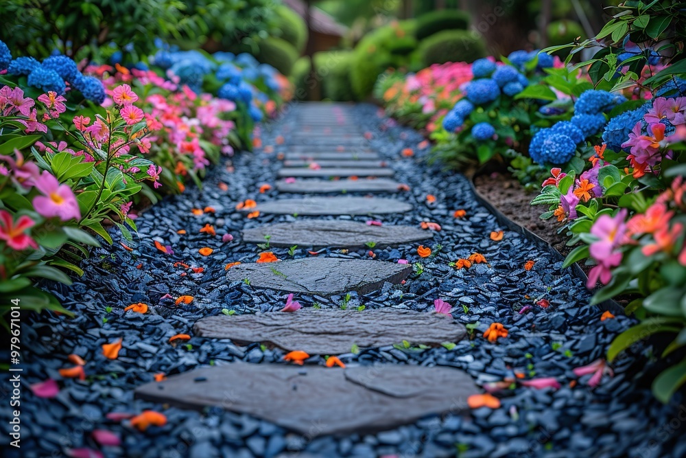 Poster a path with a stone walkway and flowers on either side
