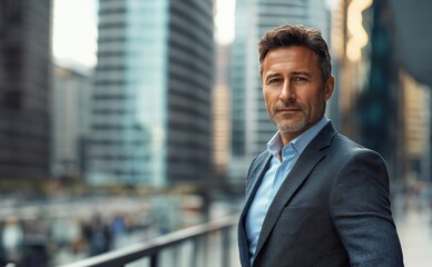 Naklejka premium Portrait of a mature middle-aged Caucasian man in a business suit outdoors with a blurred business center in the background. businessman in the city, copy space.
