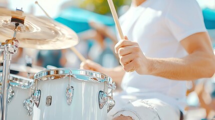 Energetic Festival Band Performance, Musicians passionately playing percussion instruments in a vibrant city park, close-up of hands on drums and guitar, lively atmosphere