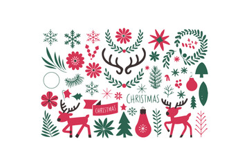 Christmas design elements set big flowers laurel vector illustration 