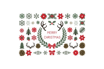 Christmas design elements set big flowers laurel vector illustration 