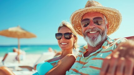 Fototapeta premium Joyful couple enjoying a serene beach day, soft waves lapping at the shore, vibrant blue sky overhead, peaceful atmosphere inviting relaxation and connection