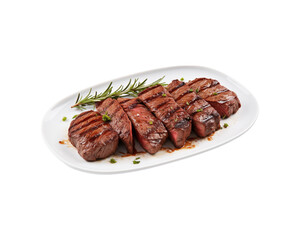 Sliced grilled steak on a white plate with rosemary and peppercorns. Perfect for food blogs, restaurant menus, and recipe books. Generative AI