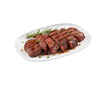 Sliced grilled steak on a white plate with rosemary and peppercorns. Perfect for food blogs, restaurant menus, and recipe books. Generative AI