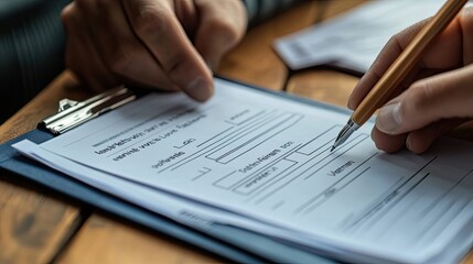 Person Filling Out a Form with a Pen on a Clipboard