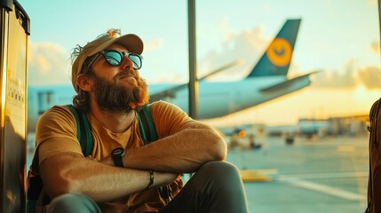 Fototapeta premium Joyful traveler at the airport, eagerly anticipating their flight, surrounded by bustling departure terminal, vibrant atmosphere, sense of adventure and freedom.