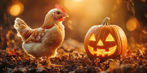 Cozy Autumn Still Life: Chicken with Jack-o-lantern on Dark Gold Background