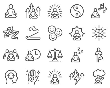 Simple Set of Meditation Related Vector Line Icons. Contains such Icons as Mindfulness, Balance, Group Meditation Session and more. Editable Stroke.