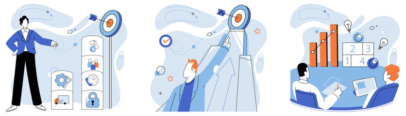 Strategic planning. Vector illustration. Overcoming difficulties during planning process strengthens strategy Generating novel ideas fuels strategic goal attainment Setting ambitious targets