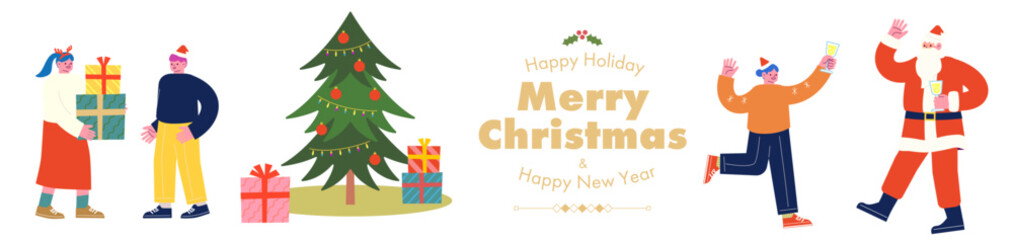 Santa Claus with his jolly friends enjoying a party to celebrate New Year and Christmas together. Young people giving each other gifts by the Christmas tree. Cartoon character vector illustration