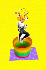 Vertical photo collage of headless man invisible head jump rainbow spiral pool imitation summer...