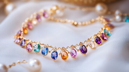 Obraz premium Elegant gold bracelet adorned with colorful gemstones resting gracefully on a soft fabric background.
