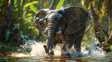 A large elephant in a tropical context splashing water with its huge trunk