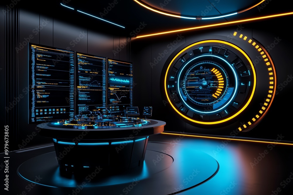 Poster A futuristic control center monitoring data integrity, with real-time alerts on server health and performance