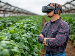 Farmer Using Virtual Reality Goggles to Plan Sustainable Crop Rotation for Precision Farming