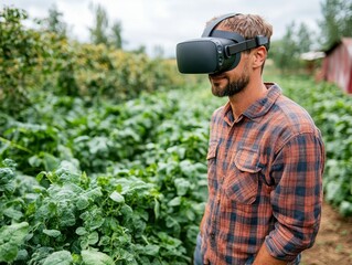 Farmer Using Virtual Reality Goggles to Plan Sustainable Crop Rotation for Precision Farming