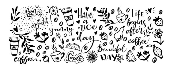Set of hand drawn charcoal quotes in style doodle . Smile,  coffee i always a good idea, it's a beautiful day,  phrases for card or poster. Vector inspirational quote. Ink illustration. 