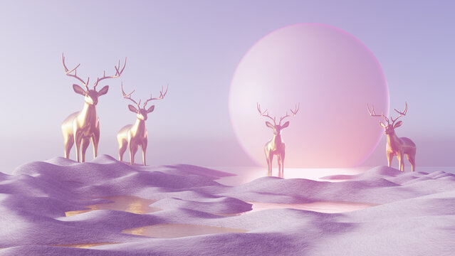 Landscape with christmas deer herd colorful pink full moon sky blurred background 3D rendering