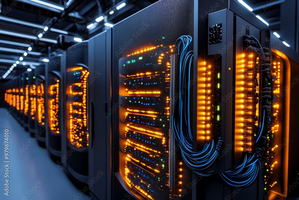 Poster A futuristic server room with glowing databases, featuring rows of data storage units and fiber optic cables