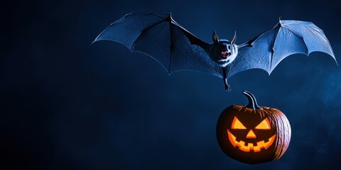 Naklejka premium Spooky Halloween Bat Flying Over Jack-o'-Lantern on Dark Blue Background