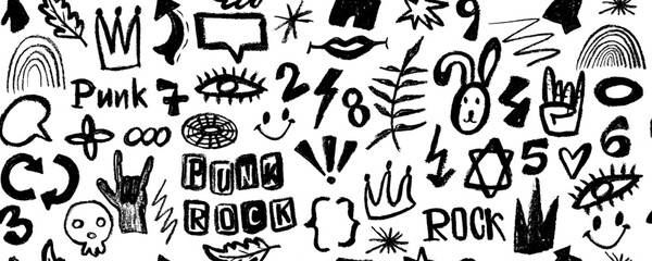 Vector seamless pattern with charcoal graffiti doodle punk and geometric shapes . Hand drawn abstract scribbles and squiggles, creative various shapes, pencil drawn icons.